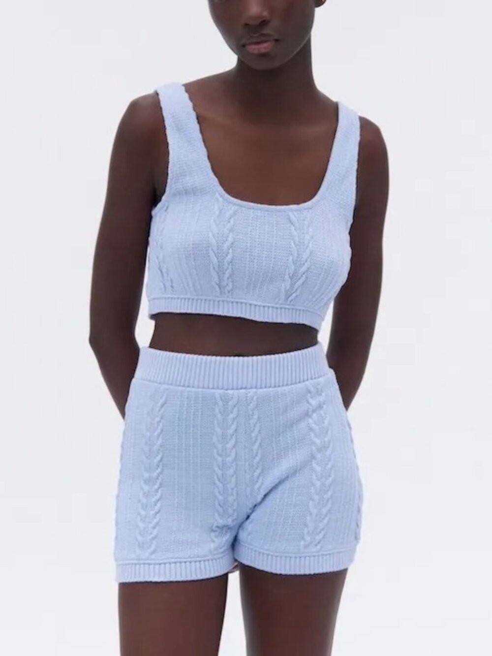Zara Baby Blue Cable Knit Co Ord Crop Top & Short Set